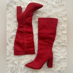 Glittery red knee-high boots